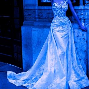Tarik Ediz blue beaded lace overskirt dress gown 6 38